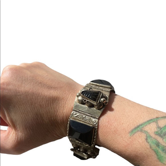 Vintage Sterling Silver Hecho En Mexico Aztec Mask Carved Onyx Panel B… - Picture 5 of 12